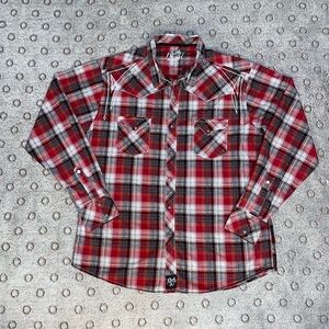 Rock 47 Wrangler Shirt Mens XXL Red Plaid Western Pearl Snap Embroidered Rodeo